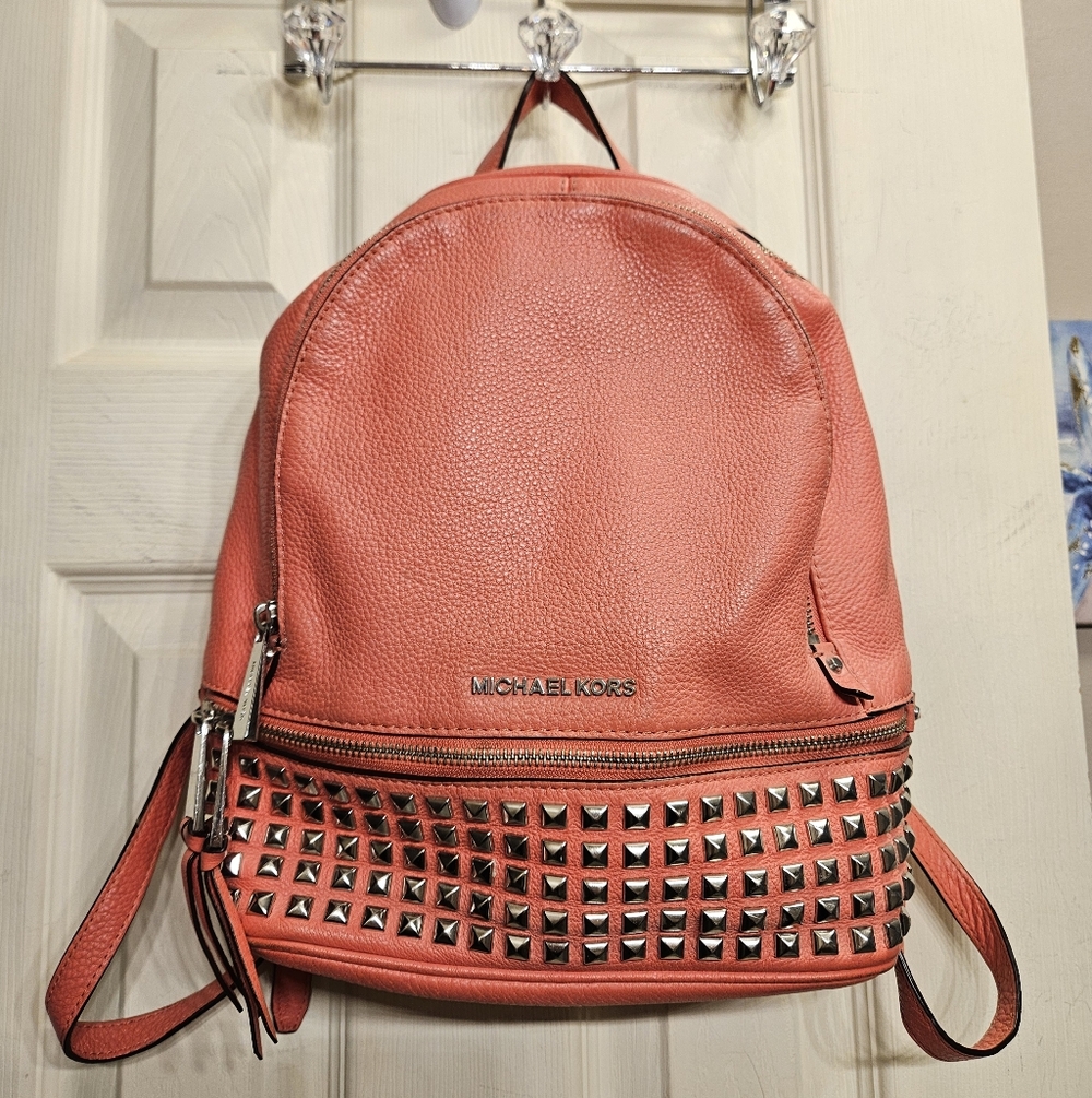 Michael kors rhea coral pink leather studded Backpack purse handbag